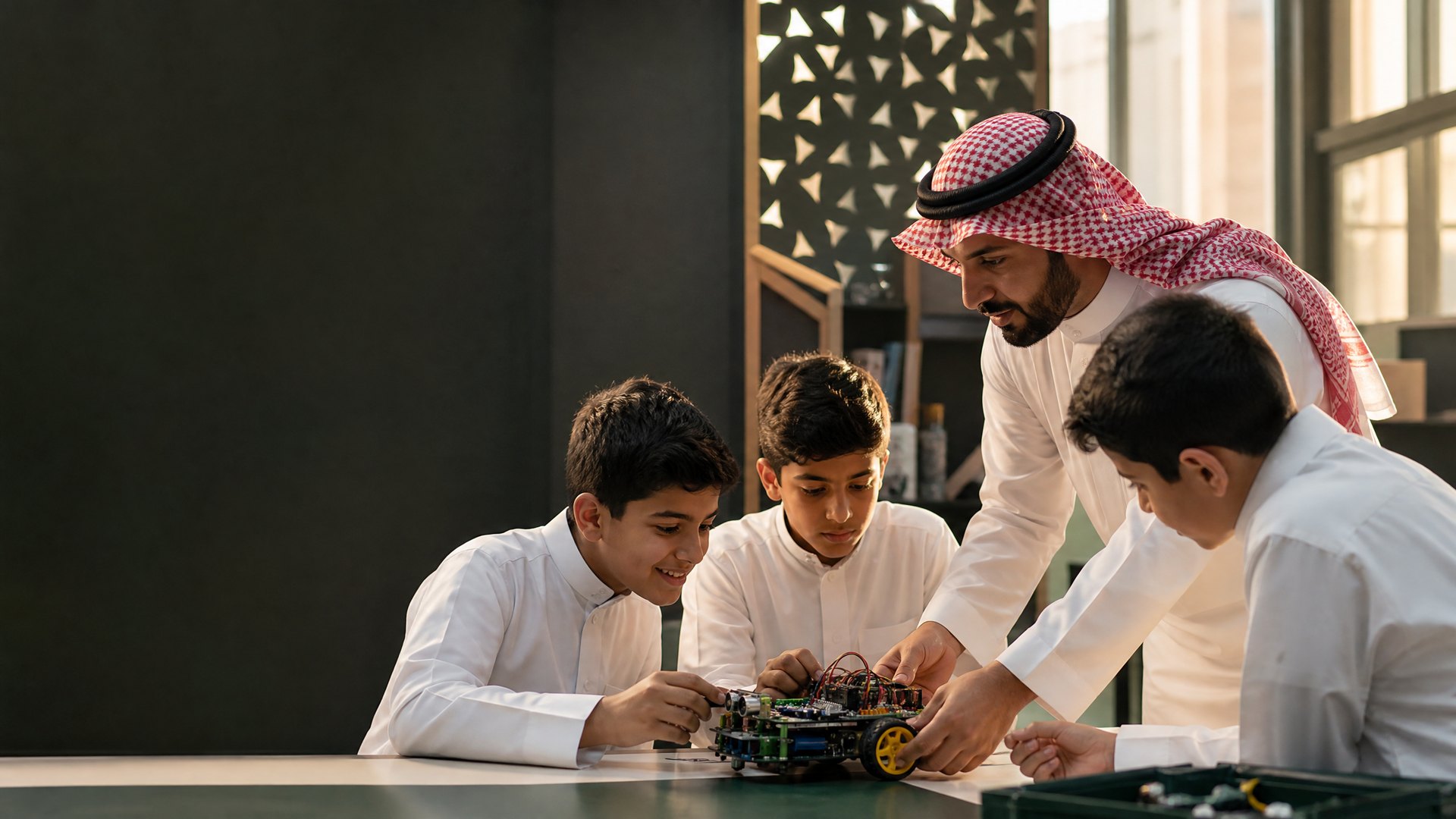 معلم يرتدي الشماغ والعقال مع طلاب مدرسة الحميرة أثناء العمل على مشروع روبوت